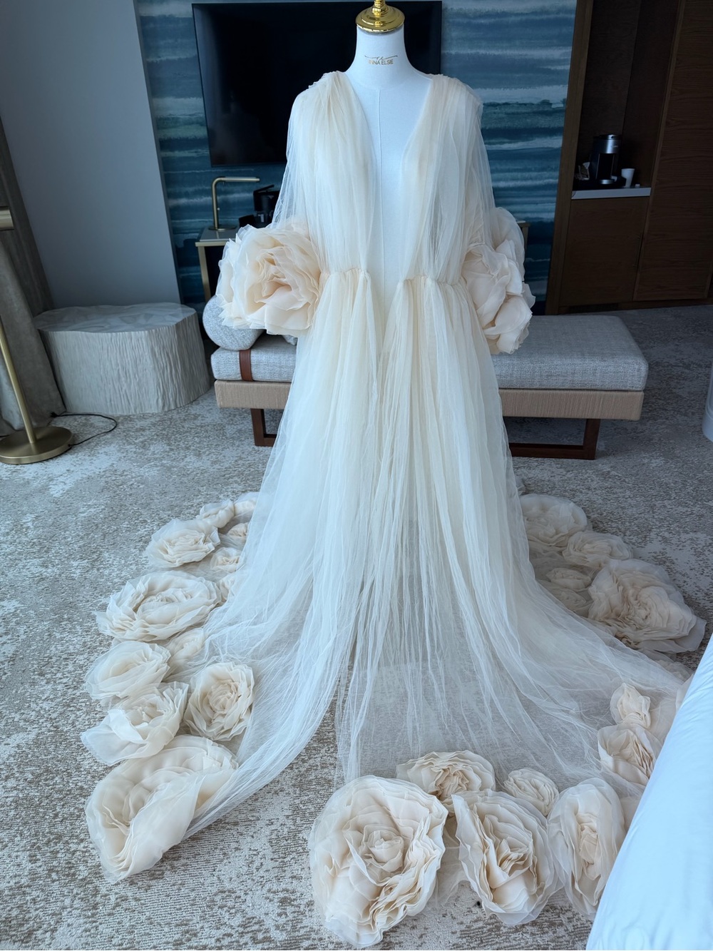 Elegant Cream Tulle Robe with Floral Detail